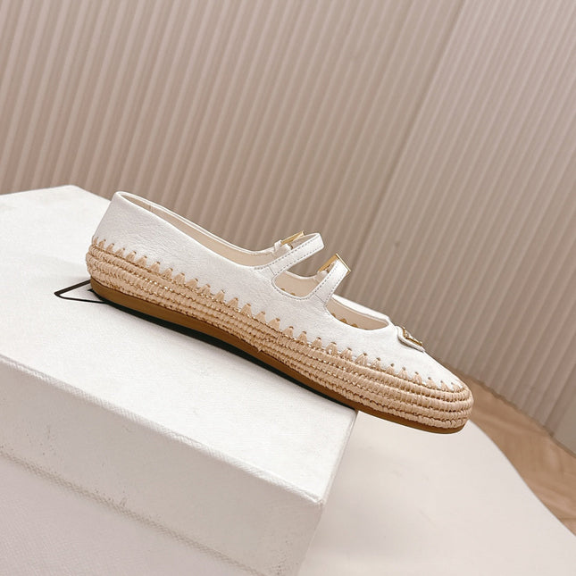 PRADA 26S MARY JANE ESPADRILLES SHOES IN WHITE CALFSKIN WITH LOGO