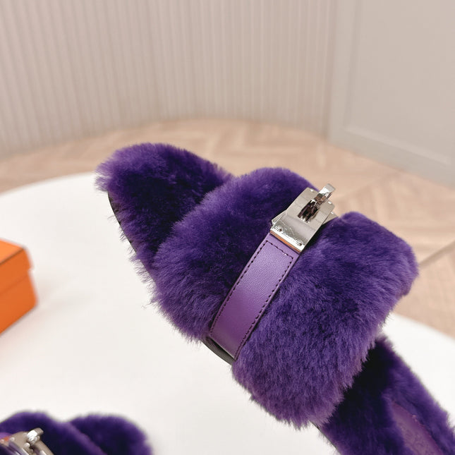 HM 25S ORAN SANDAL IN DARK PURPLE SHEARLING WITH SILVER HARDWARE