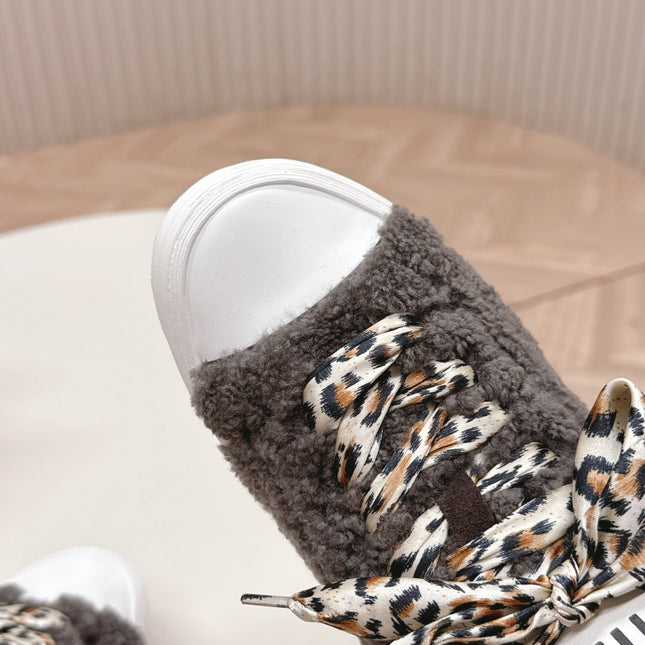 MIUMIU 25S SNEAKERS IN DARK BROWN SHEARLING WITH LEOPARD-PRINT LACES