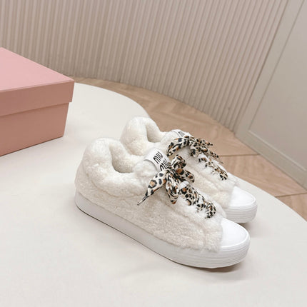 MIUMIU 25S SNEAKERS IN WHITE SHEARLING WITH LEOPARD-PRINT LACES