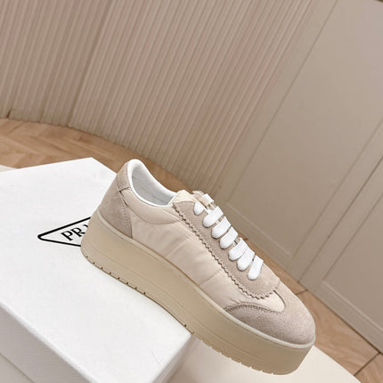 PRADA 26S PLATFORM SNEAKERS 50MM IN CREAM WHITE NYLON AND SUEDE