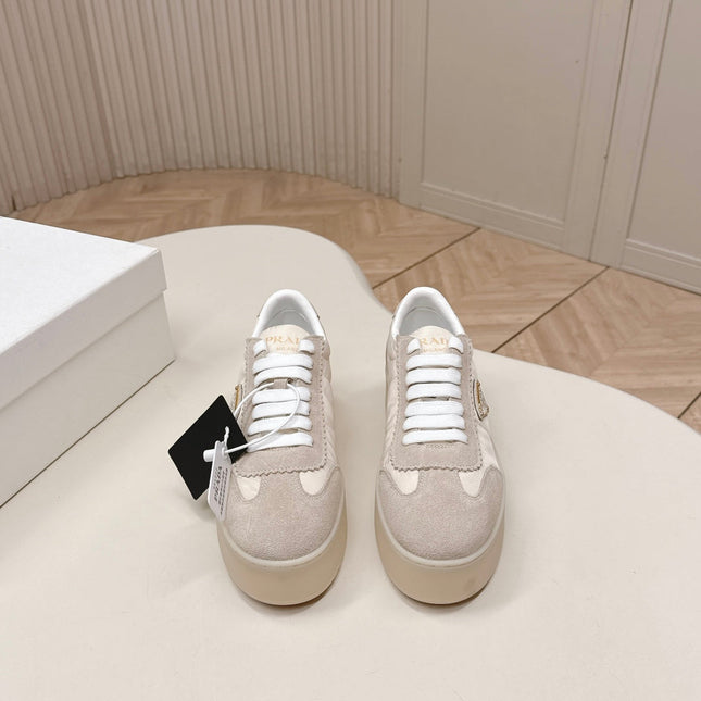 PRADA 26S PLATFORM SNEAKERS 50MM IN CREAM WHITE NYLON AND SUEDE