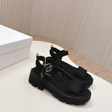 PRADA 26S SINGLE STRAP CHUNKY SOLE SANDALS IN BLACK CANVAS
