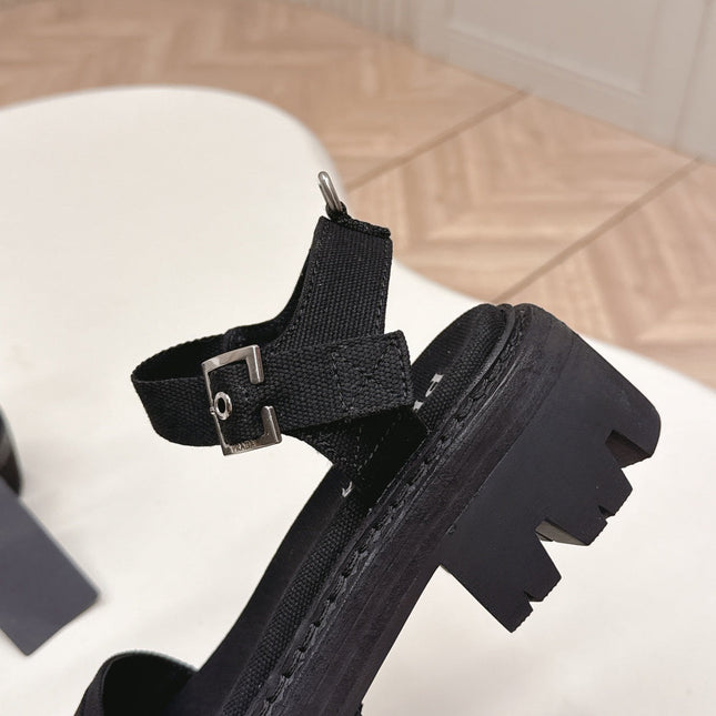 PRADA 26S SINGLE STRAP CHUNKY SOLE SANDALS IN BLACK CANVAS