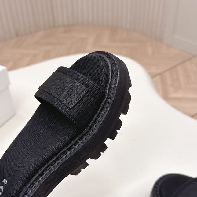 PRADA 26S SINGLE STRAP CHUNKY SOLE SANDALS IN BLACK CANVAS