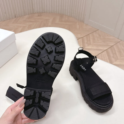 PRADA 26S SINGLE STRAP CHUNKY SOLE SANDALS IN BLACK CANVAS