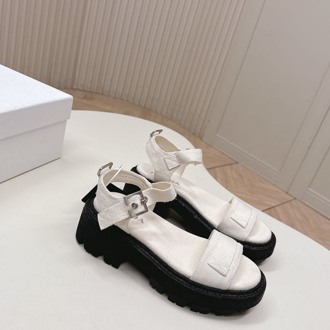 PRADA 26S SINGLE STRAP CHUNKY SOLE SANDALS IN WHITE CANVAS