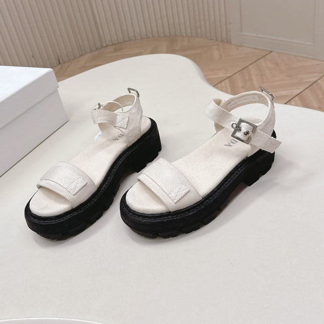 PRADA 26S SINGLE STRAP CHUNKY SOLE SANDALS IN WHITE CANVAS