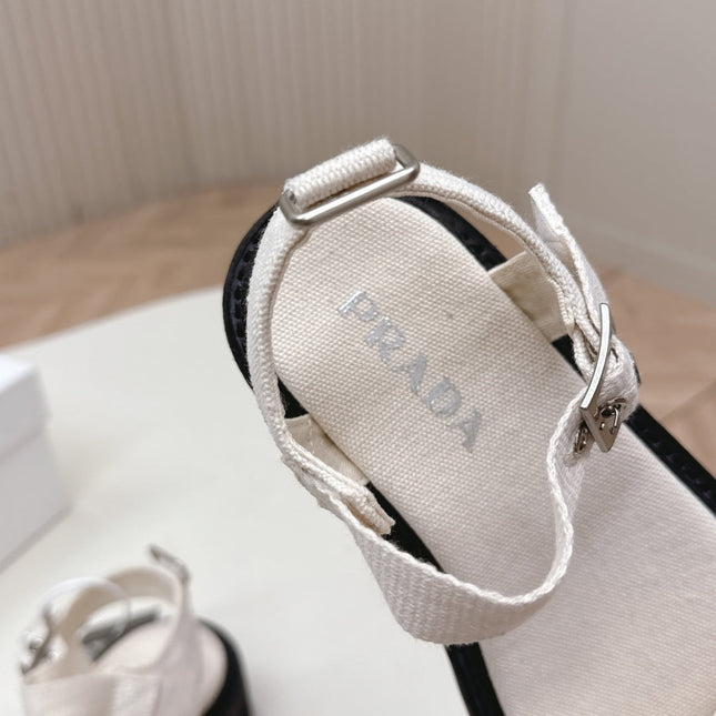 PRADA 26S SINGLE STRAP CHUNKY SOLE SANDALS IN WHITE CANVAS