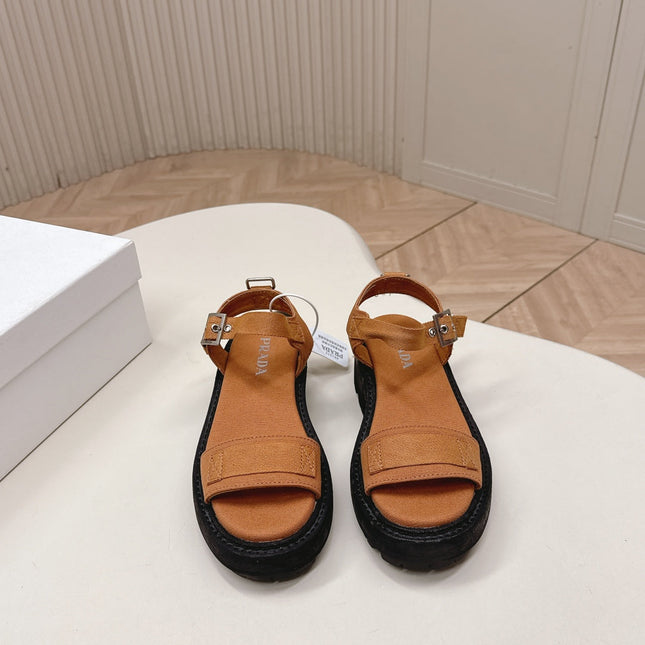 PRADA 26S SINGLE STRAP CHUNKY SOLE SANDALS IN CARAMEL BROWN CANVAS