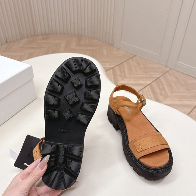 PRADA 26S SINGLE STRAP CHUNKY SOLE SANDALS IN CARAMEL BROWN CANVAS