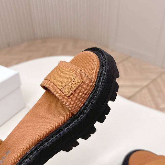 PRADA 26S SINGLE STRAP CHUNKY SOLE SANDALS IN CARAMEL BROWN CANVAS