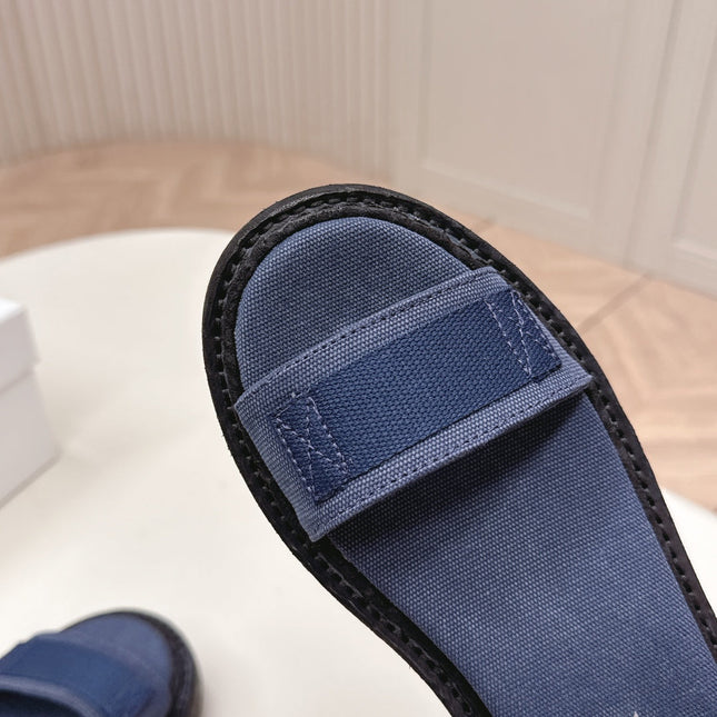 PRADA 26S SINGLE STRAP CHUNKY SOLE SANDALS IN NAVY BLUE CANVAS