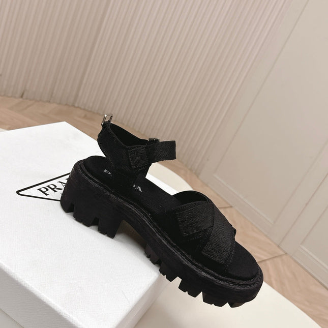 PRADA 26S CROSS STRAP CHUNKY SOLE SANDALS IN BLACK CANVAS