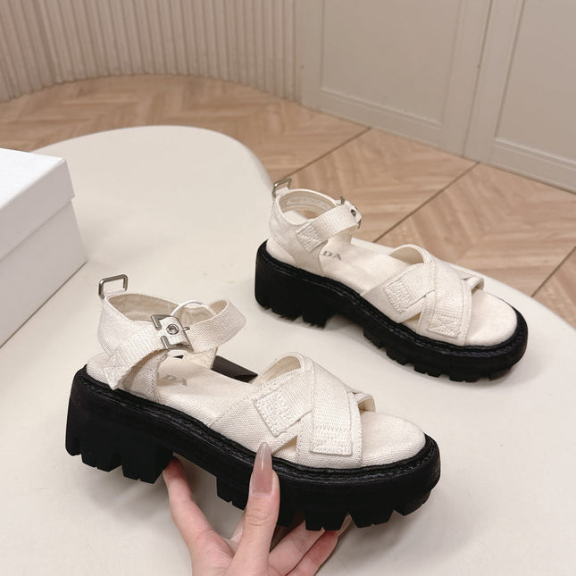PRADA 26S CROSS STRAP CHUNKY SOLE SANDALS IN WHITE CANVAS