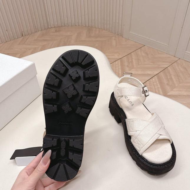 PRADA 26S CROSS STRAP CHUNKY SOLE SANDALS IN WHITE CANVAS