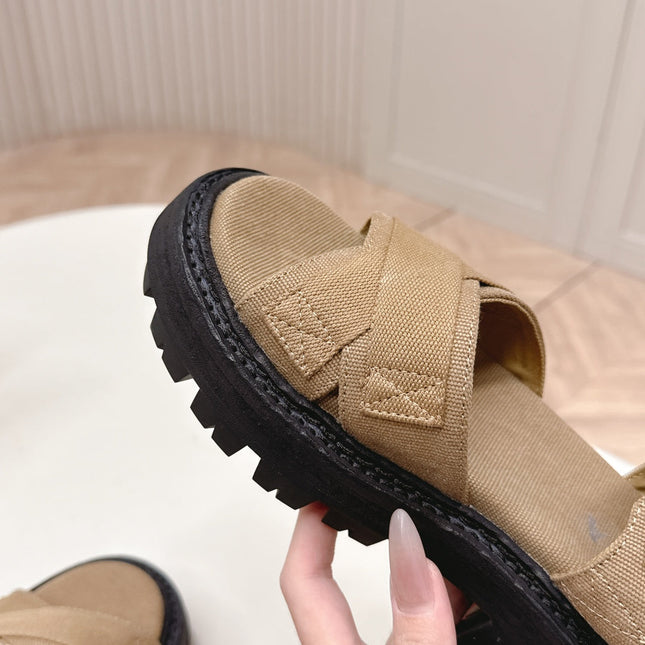 PRADA 26S CROSS STRAP CHUNKY SOLE SANDALS IN BROWN CANVAS