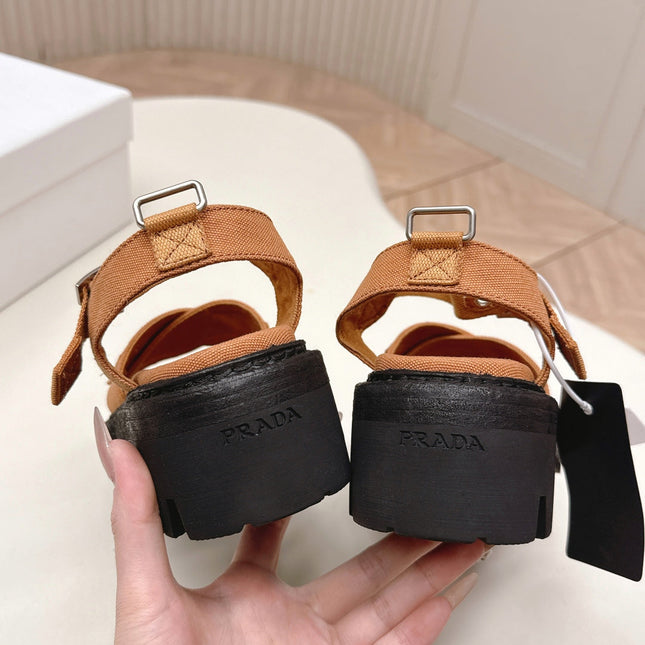 PRADA 26S CROSS STRAP CHUNKY SOLE SANDALS IN CARAMEL BROWN CANVAS