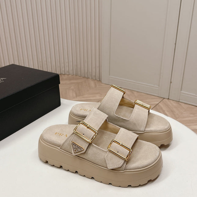 PRADA 26S DOUBLE STRAP PLATFORM SLIDES SANDALS IN BEIGE SUEDE