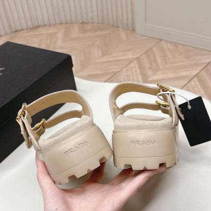 PRADA 26S DOUBLE STRAP PLATFORM SLIDES SANDALS IN BEIGE SUEDE