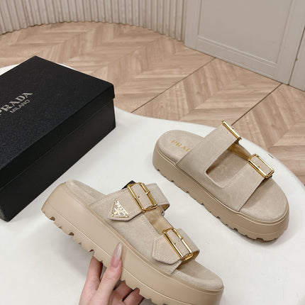 PRADA 26S DOUBLE STRAP PLATFORM SLIDES SANDALS IN BEIGE SUEDE