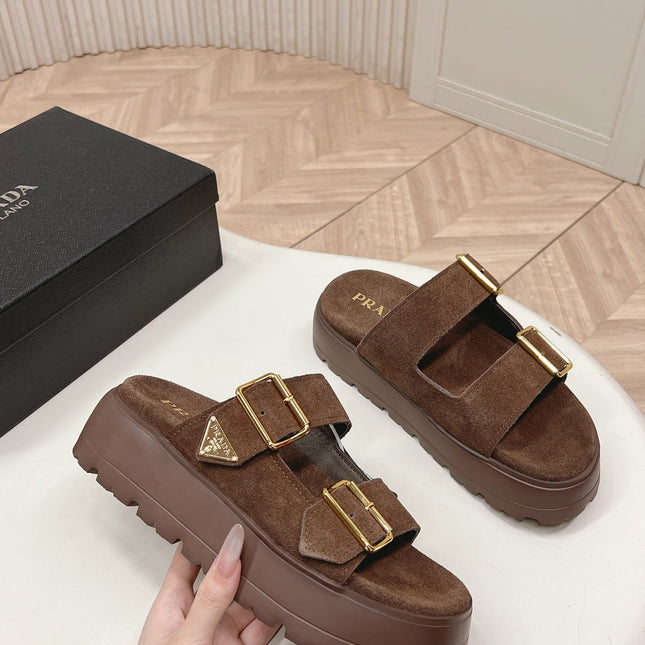 PRADA 26S DOUBLE STRAP PLATFORM SLIDES SANDALS IN BROWN SUEDE