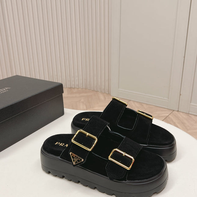 PRADA 26S DOUBLE STRAP PLATFORM SLIDES SANDALS IN BLACK SUEDE