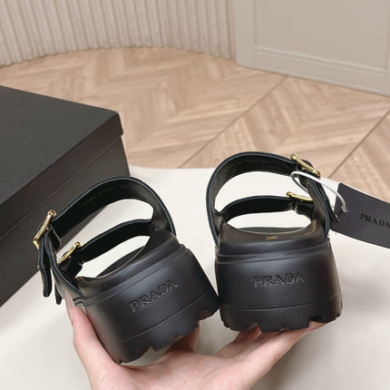 PRADA 26S DOUBLE STRAP PLATFORM SLIDES SANDALS IN BLACK CALFSKIN