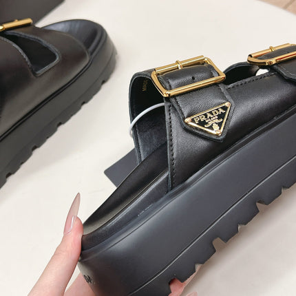 PRADA 26S DOUBLE STRAP PLATFORM SLIDES SANDALS IN BLACK CALFSKIN