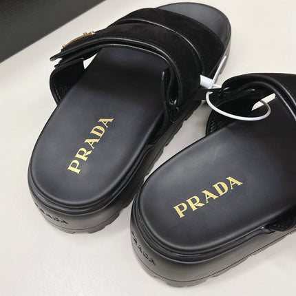 PRADA 26S DOUBLE STRAP PLATFORM SLIDES IN BLACK CALFSKIN WITH VELCRO