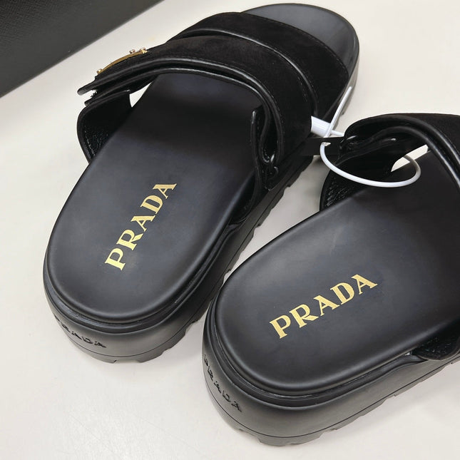 PRADA 26S DOUBLE STRAP PLATFORM SLIDES IN BLACK CALFSKIN WITH VELCRO