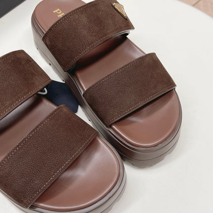 PRADA 26S DOUBLE STRAP PLATFORM SLIDES IN BROWN CALFSKIN WITH VELCRO