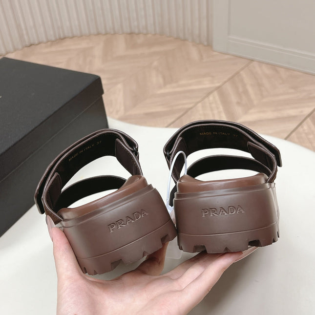 PRADA 26S DOUBLE STRAP PLATFORM SLIDES IN BROWN CALFSKIN WITH VELCRO