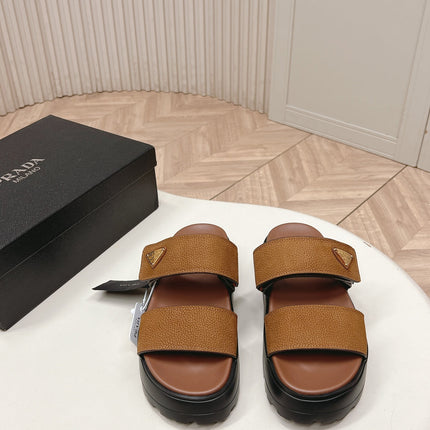 PRADA 26S DOUBLE STRAP PLATFORM SLIDES IN CARAMEL BROWN CALFSKIN WITH VELCRO
