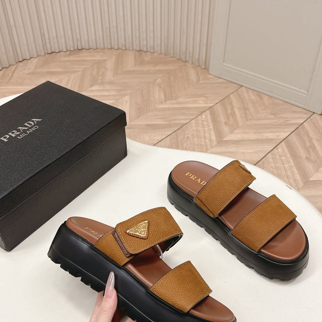 PRADA 26S DOUBLE STRAP PLATFORM SLIDES IN CARAMEL BROWN CALFSKIN WITH VELCRO