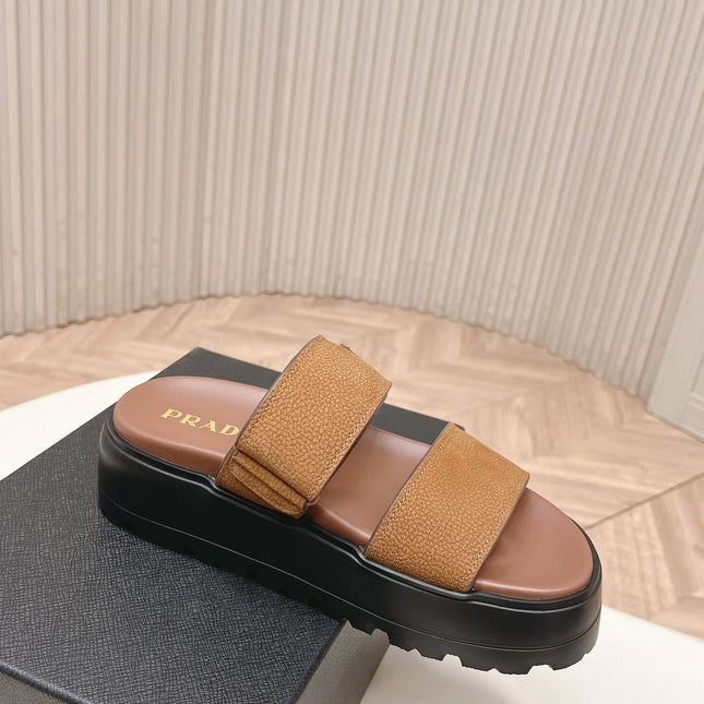 PRADA 26S DOUBLE STRAP PLATFORM SLIDES IN CARAMEL BROWN CALFSKIN WITH VELCRO