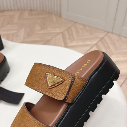 PRADA 26S DOUBLE STRAP PLATFORM SLIDES IN CARAMEL BROWN CALFSKIN WITH VELCRO