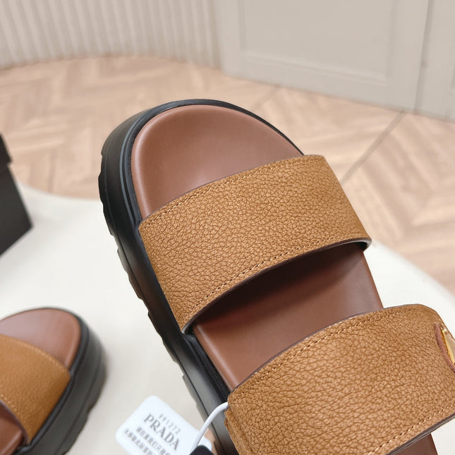 PRADA 26S DOUBLE STRAP PLATFORM SLIDES IN CARAMEL BROWN CALFSKIN WITH VELCRO