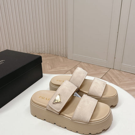 PRADA 26S DOUBLE STRAP PLATFORM SLIDES IN BEIGE CALFSKIN WITH VELCRO
