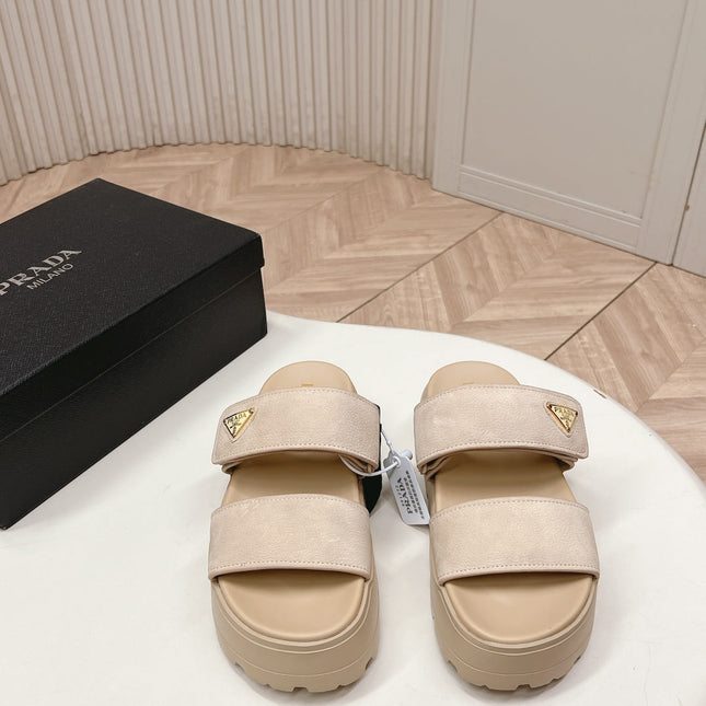 PRADA 26S DOUBLE STRAP PLATFORM SLIDES IN BEIGE CALFSKIN WITH VELCRO