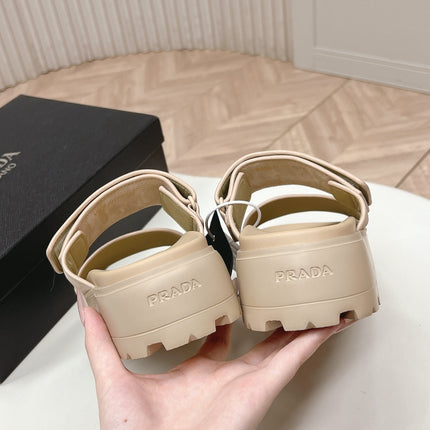 PRADA 26S DOUBLE STRAP PLATFORM SLIDES IN BEIGE CALFSKIN WITH VELCRO