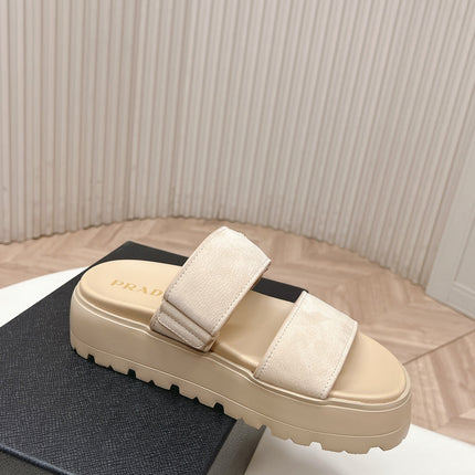 PRADA 26S DOUBLE STRAP PLATFORM SLIDES IN BEIGE CALFSKIN WITH VELCRO