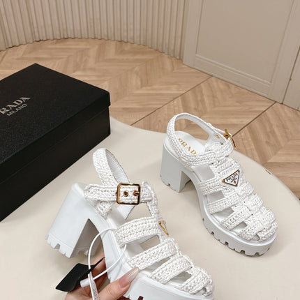 PRADA 26S HEELED FISHERMAN SANDALS IN WHITE RAFFIA AND CALFSKIN