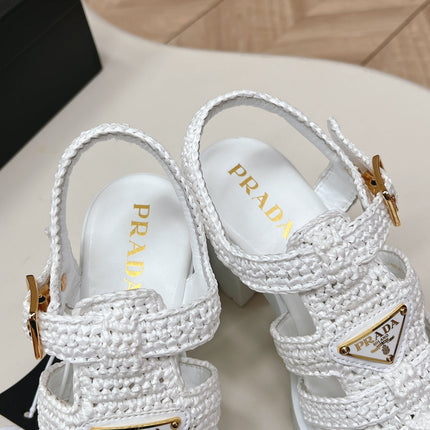 PRADA 26S HEELED FISHERMAN SANDALS IN WHITE RAFFIA AND CALFSKIN