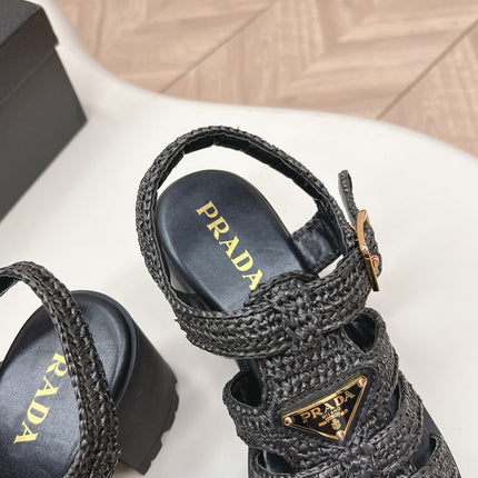 PRADA 26S HEELED FISHERMAN SANDALS IN BLACK RAFFIA AND CALFSKIN