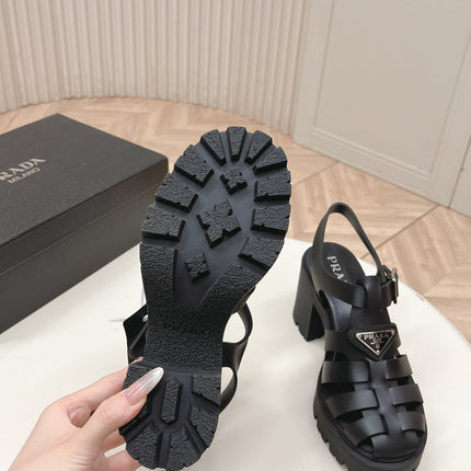 PRADA 26S CAGED PLATFORM HEEL SANDALS IN BLACK CALFSKIN