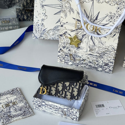 DIOR 25S SADDLE JASMINE GUSSET CARD HOLDER 10 IN BLUE BLACK OBLIQUE JACQUARD CANVAS AND CALFSKIN