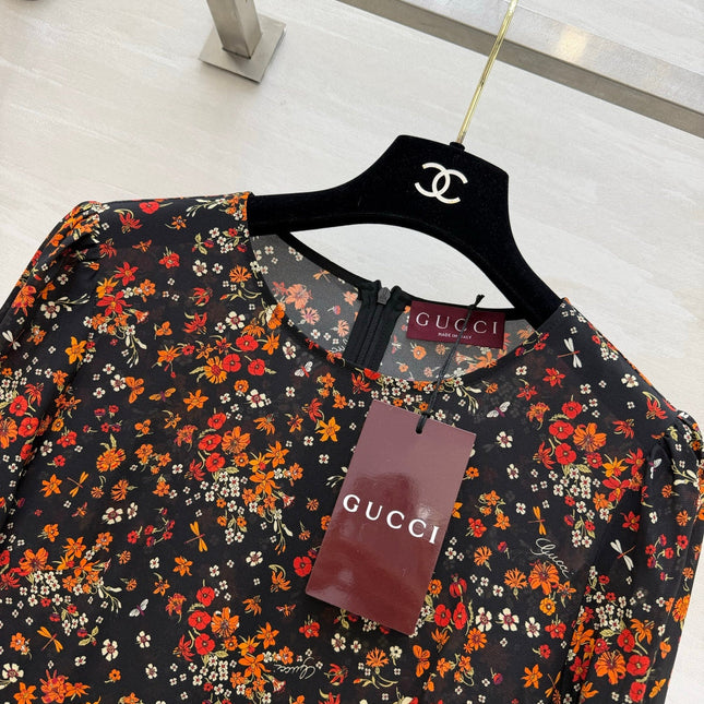 GUCCI 26S LONG-SLEEVE FLORAL A-LINE DRESS 399