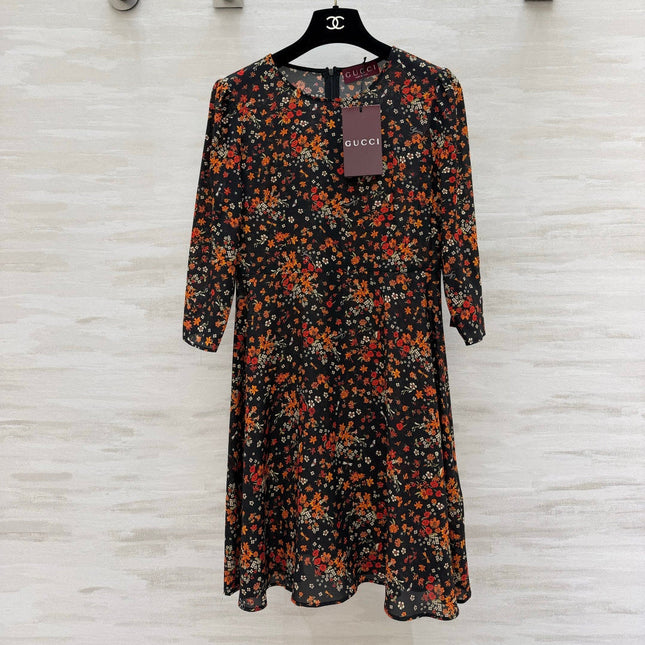 GUCCI 26S LONG-SLEEVE FLORAL A-LINE DRESS 399