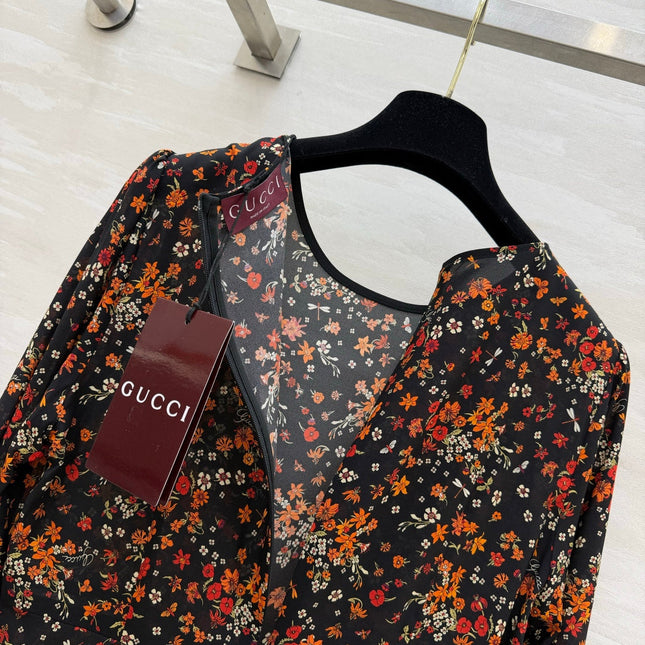 GUCCI 26S LONG-SLEEVE FLORAL A-LINE DRESS 399